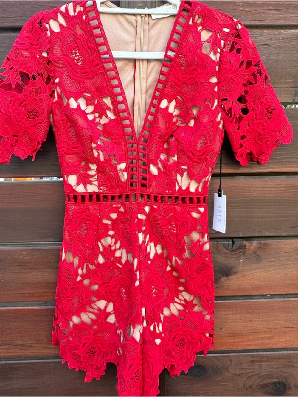 Astr Red Floral Lace V-Neck Romper